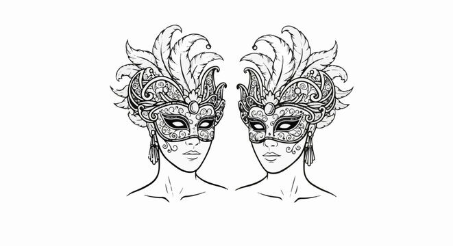 Two ornate Venetian masks with feathers adorning elaborate headpieces