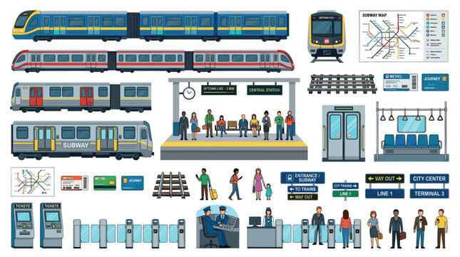 Subway train metro station map ticket machine turnstile people icons set, public transport flat vector illustration