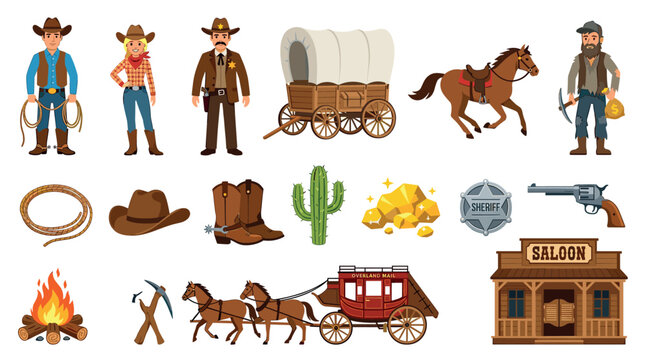 Cowboy cowgirl sheriff miner horse wagon stagecoach saloon icons set, depicting various elements of the Wild West in a flat cartoon style