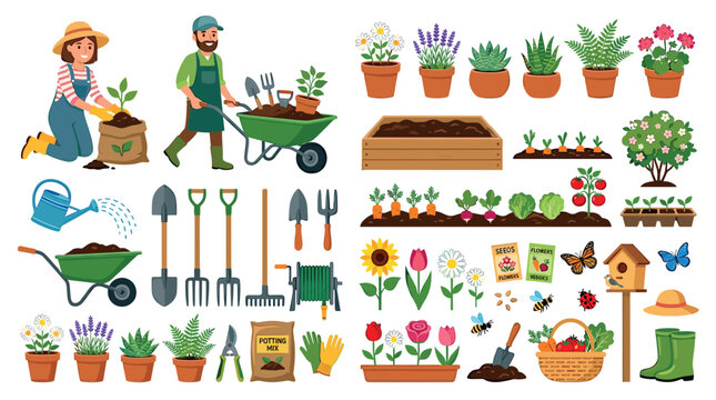 Gardeners planting seedlings, watering can, wheelbarrow, gardening tools, potted plants, vegetables, flowers, and insects vector illustration set