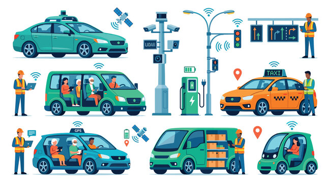 Autonomous car taxi van delivery vehicle electric charging station smart city infrastructure flat vector illustration set