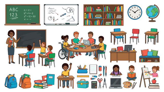 Diverse students and teacher in classroom with school supplies, books, desks, and chairs vector illustration set