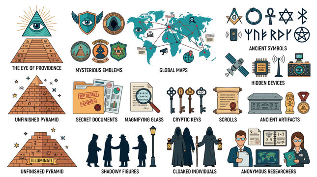 Conspiracy theory flat icon set with eye of providence, unfinished pyramid, secret documents, hidden devices, and ancient symbols