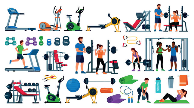 Treadmill elliptical bike rower leg press bench people exercising with weights and fitness accessories flat vector illustration