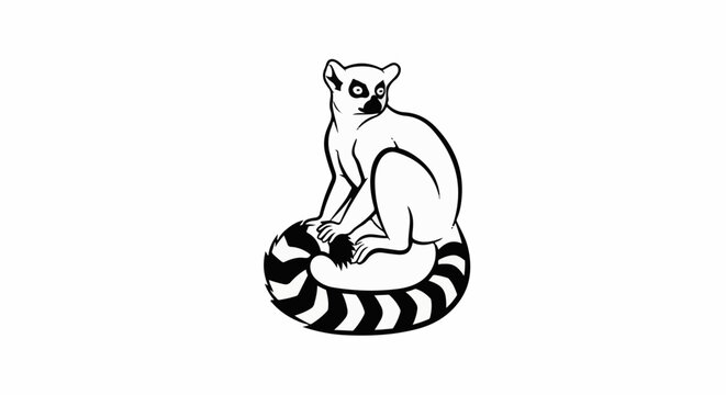 A black and white illustration of a ring-tailed lemur sitting on its striped tail