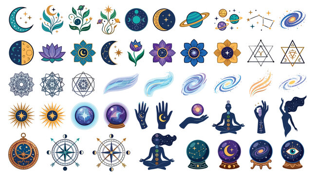 Moon stars planets galaxies hands lotus flowers crystal balls esoteric icons set, vector illustration in flat design