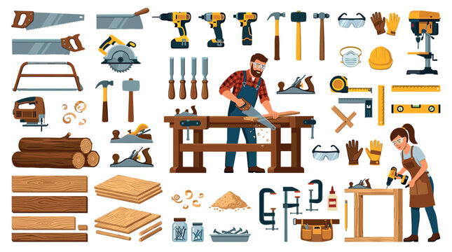 Woodworking tools carpenter equipment lumber materials icons set, including saws, drills, hammers, planes, and safety gear in a flat vector illustration