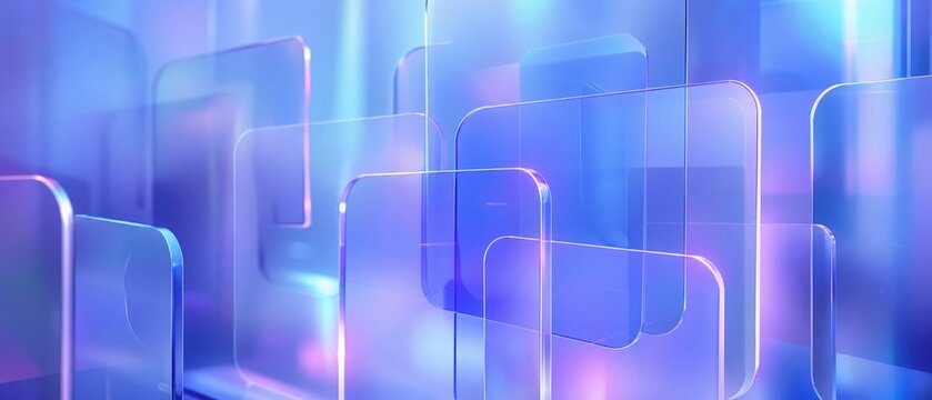 Transparent glass squares with rounded corners on blue background.