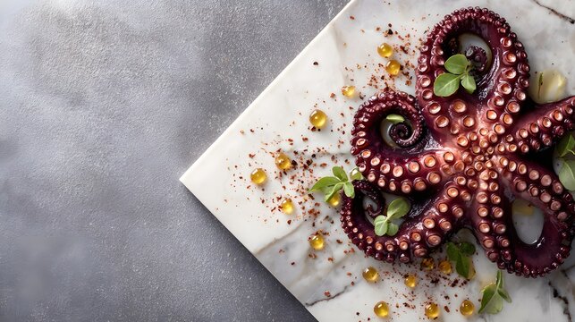 Top view of gourmet grilled octopus tentacle on white marble plate with spices and herbs, premium seafood culinary photography