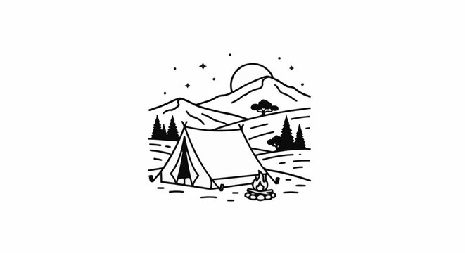 A black and white line drawing of a campsite with a tent, campfire, and mountains at night