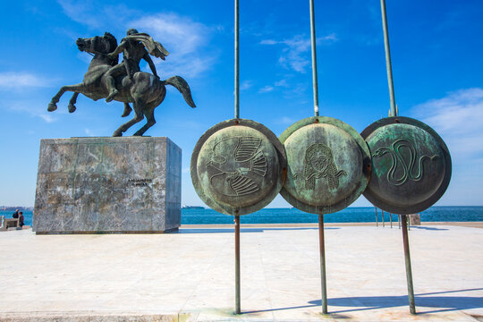 Statue of Alexander the Great on his horse Bucephalus with bronze shields in Thessaloniki, Greece