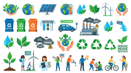 Naklejka premium Earth globe hands solar panel recycling bins electric car factory pollution wind turbines water drops leaves people planting riding bicycle icons set