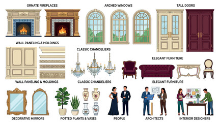 Naklejka premium Fireplaces, arched windows, tall doors, wall paneling, chandeliers, furniture, mirrors, potted plants, vases, people, architects, and interior designers vector illustration set