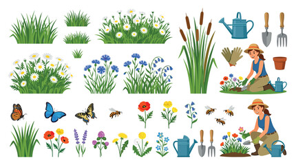 Fototapeta premium Garden plants grass flowers butterflies bees gardening tools and female gardener vector illustration set