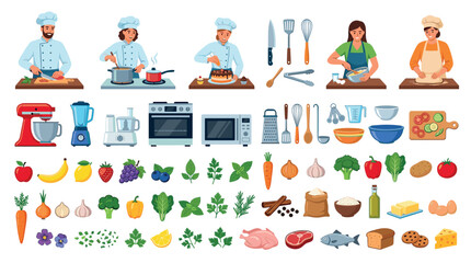 Fototapeta premium Chefs cooking food, kitchen appliances, utensils, fruits, vegetables, and ingredients vector illustration set