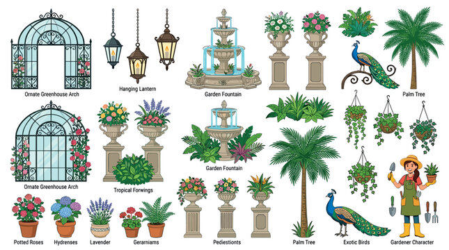 Garden greenhouse arch fountain lantern peacock palm tree plant flower pot gardener character vector illustration set