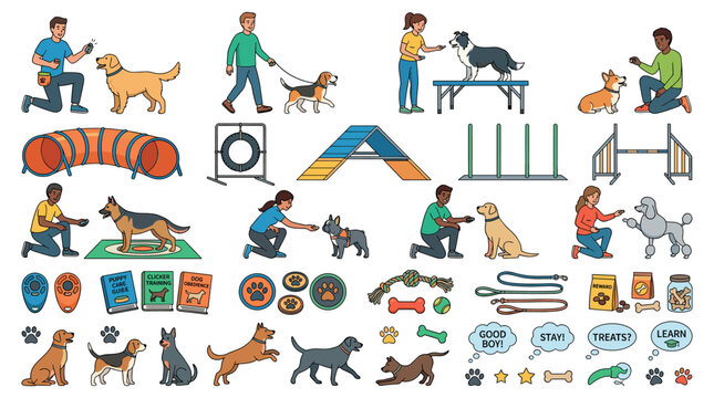 People training dogs with agility equipment, clickers, and treats, along with various dog breeds and accessories vector illustration set