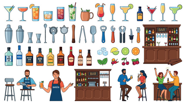Cocktail drinks glasses bottles bar tools ingredients bartenders and customers in a bar flat vector illustration set