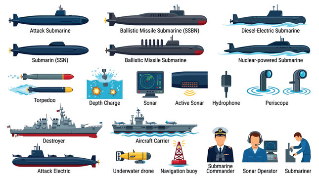 Submarine torpedo depth charge sonar hydrophone periscope destroyer aircraft carrier navigation buoy underwater drone icons set