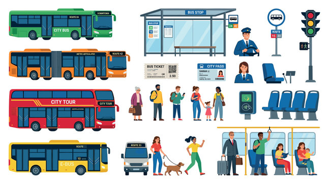 City bus, articulated bus, double-decker tour bus, e-bus, and shuttle bus with passengers, driver, bus stop, ticket, and city pass flat vector illustration set