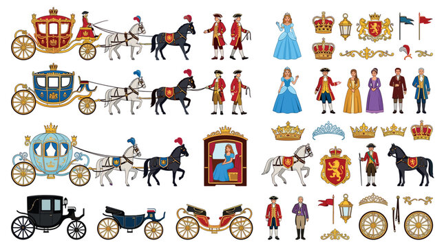 Royal carriage, horse, princess, prince, king, queen, crown, and coat of arms vector illustration set