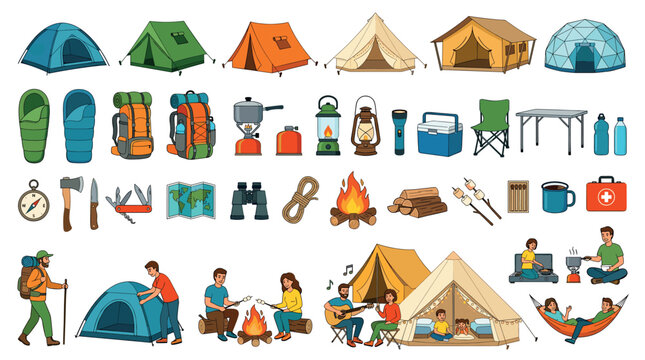 Camping equipment tent backpack sleeping bag campfire compass map icons set, vector illustration in cartoon style