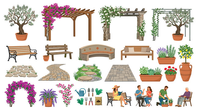 Garden furniture, plants, tools, and people vector illustration set including benches, pergolas, potted trees, flowers, and gardening equipment