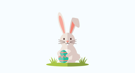 Obraz premium Friendly bunny rabbit sitting in green grass and holding a patterned turquoise egg against a plain white background in a flat design art.