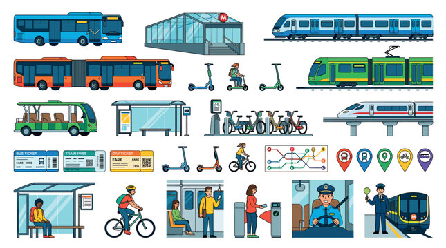 Bus train metro scooter bicycle public transport tickets map location pins driver conductor flat design vector illustration set