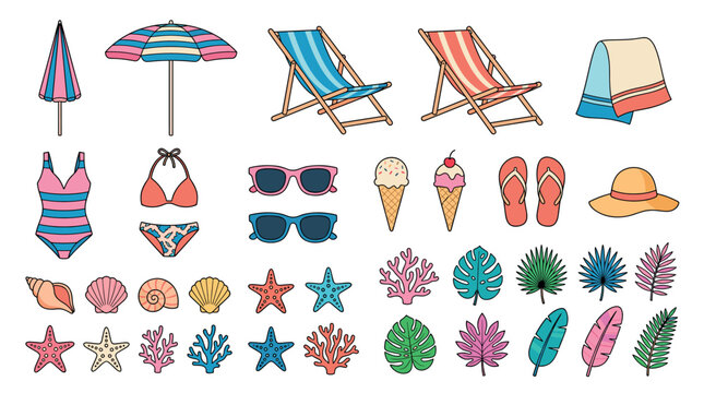 Beach umbrella deck chair swimsuit sunglasses ice cream flip flops hat seashell starfish coral tropical leaf summer vacation icon set