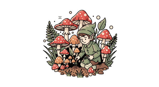 A charming cartoon gnome tends to a patch of vibrant red and orange mushrooms