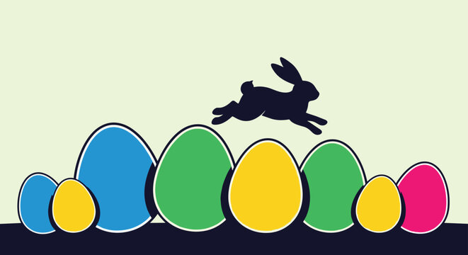 Dark silhouette of a wild rabbit jumping over a row of colorful eggs on a light green background representing an energetic spring scene.