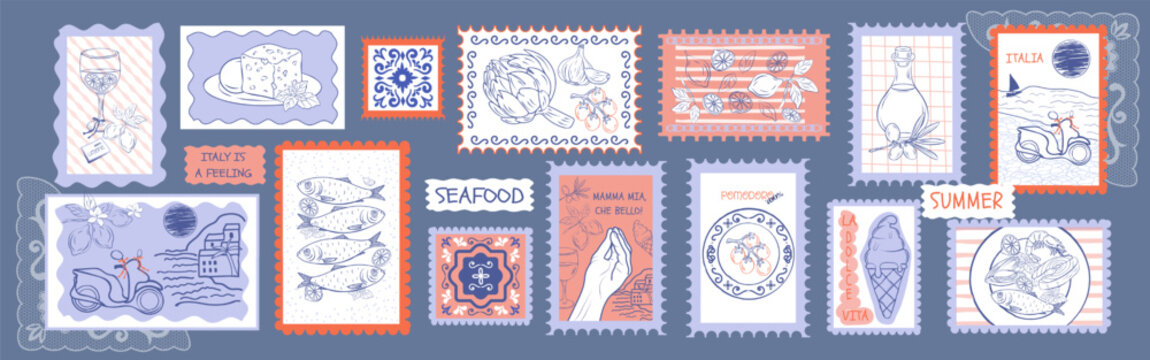 Mediterranean postcard collection inspired by Italian travel lifestyle. Coastal Amalfi ,Capri, Sicily, vacation bg. Doodle hand drawn Italian stamp. Seafood, lemon, artichaut, tomate