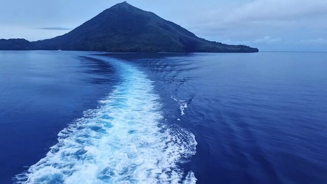 Boat wake on deep blue sea with the active Banda Volcano and historical islands at dawn, Banda Neira, Maluku, Indonesia.