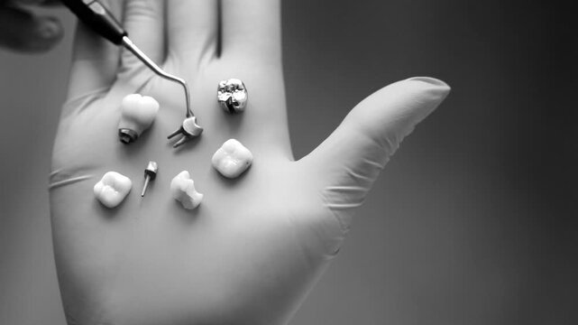 Black white video of dentist holding dental crowns implants and surgical components