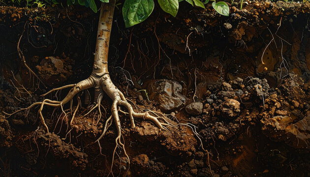 Tree roots and soil cross section revealing underground system