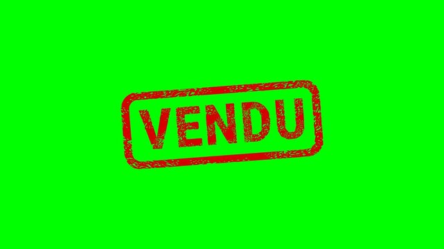 Red distressed rubber stamp with the word Vendu, French for sold, on a green screen. Chroma key green screen with alpha channel. Chroma key. (loopable)