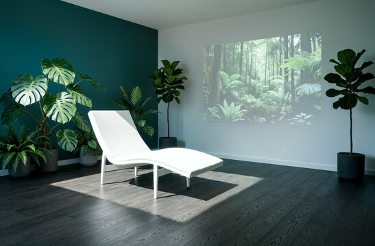 Modern Lounge Room with Forest Projection and Tropical Plants