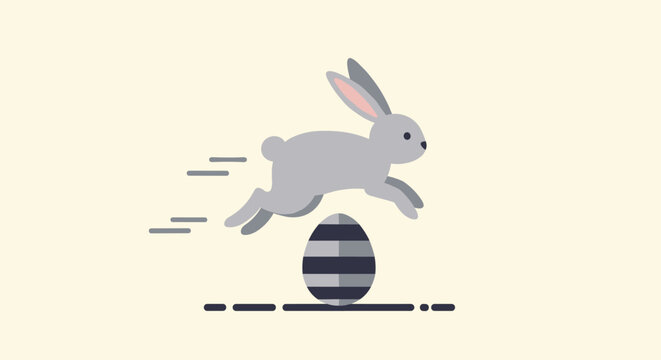 Grey rabbit jumping over a striped egg in a minimalist flat design illustration on a soft cream background capturing holiday movement.
