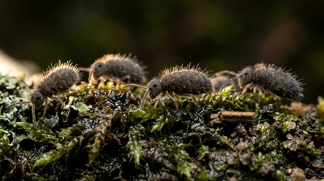 Group of Globular Springtails Crawling on Green Moss Macro