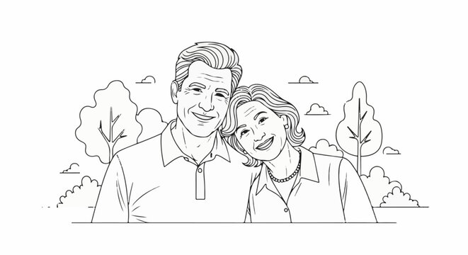A cheerful elderly couple smiles affectionately, resting their heads together