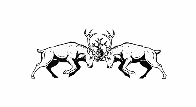 Two stags locked in combat with their antlers intertwined and bodies tensed