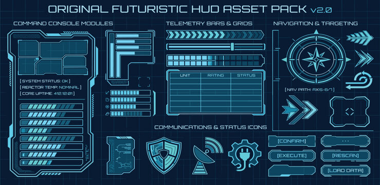Futuristic HUD asset pack for game development and graphic design, featuring digital interface elements and control panels