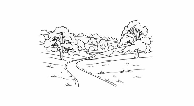 Winding country road through rolling hills, bordered by trees