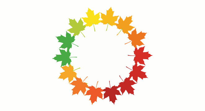 A circular arrangement of multi-colored maple leaves in a gradient