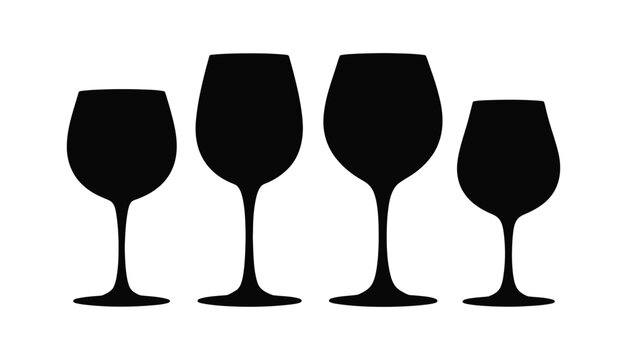 Black silhouettes of four different wine glass glassware shapes