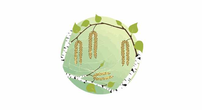 A circular illustration of birch branches with catkins and leaves