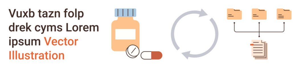 Healthcare, data management, information systems, pharmaceutical logistics, medical storage, workflow automation. Pill bottle, medication data sharing and file icons. Healthcare and data management © robu_s