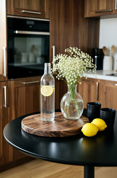 Modern Kitchen Table with Lemon Water and Baby's Breath Flowers