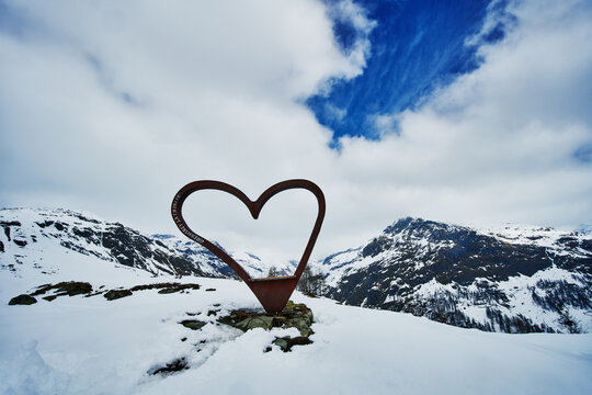 Heart-shaped sculpture in the Gressoney Valley in Italy's Aosta Valley region, Italian alps, Europe 